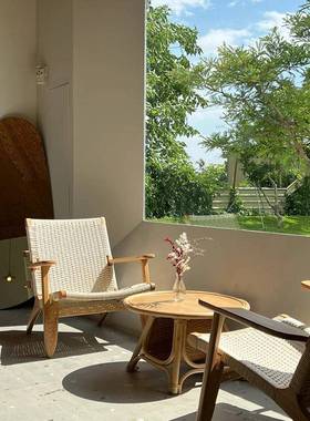 阳台舒背适看书椅子家休闲沙发031椅阅读木日式实客厅绳编懒人用