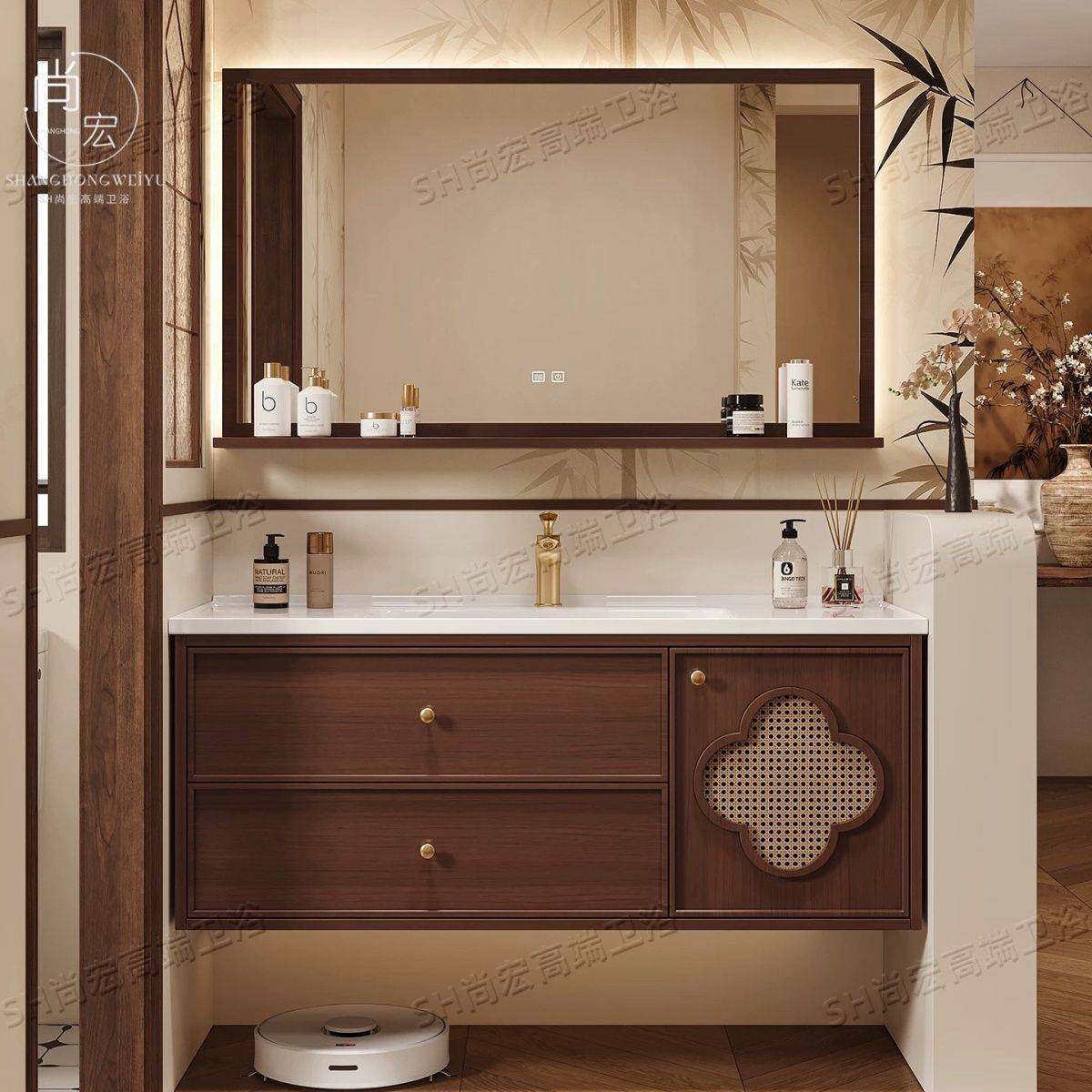 宋式美学法式浴室柜组合中古风橡木卫生间洗漱台陶瓷一体盆洗脸盆