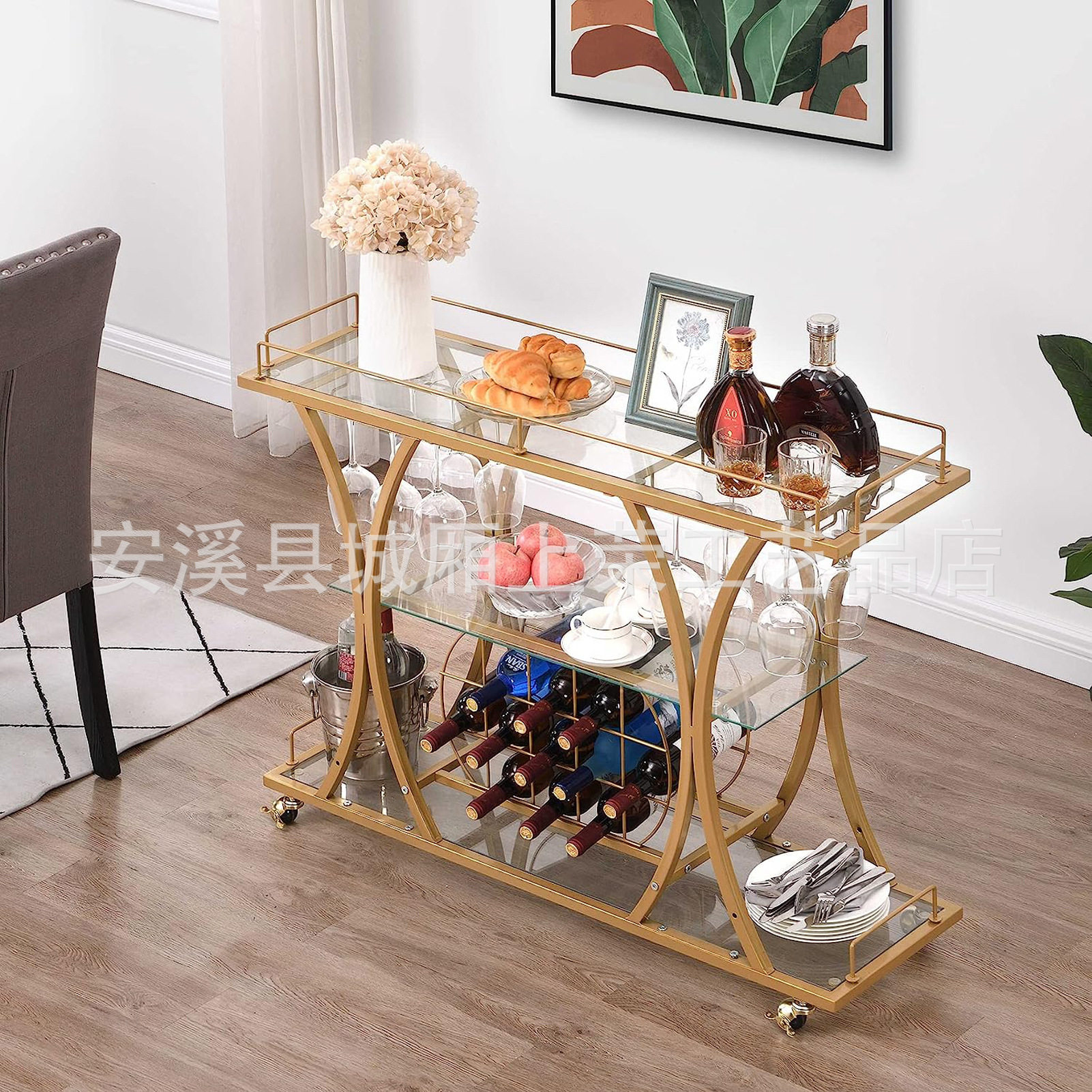 欧式家庭酒水车手推车移动金色酒吧车餐边柜茶水车高档收纳移动