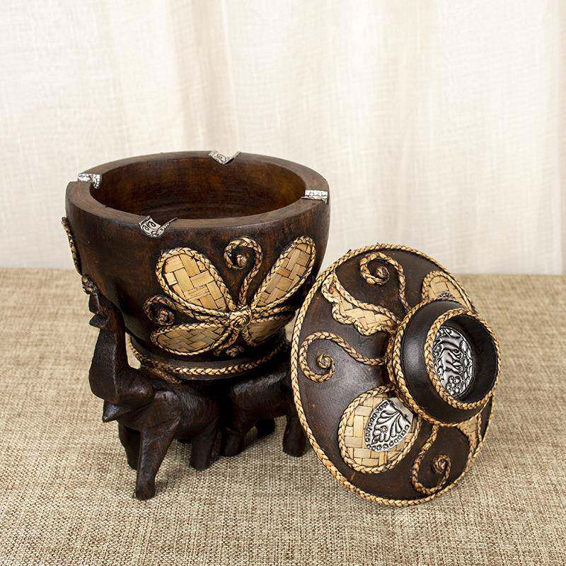东南亚家居饰品古典泰FLQ国木手工灰缸烟雕花实象烟灰缸带盖蜡烛