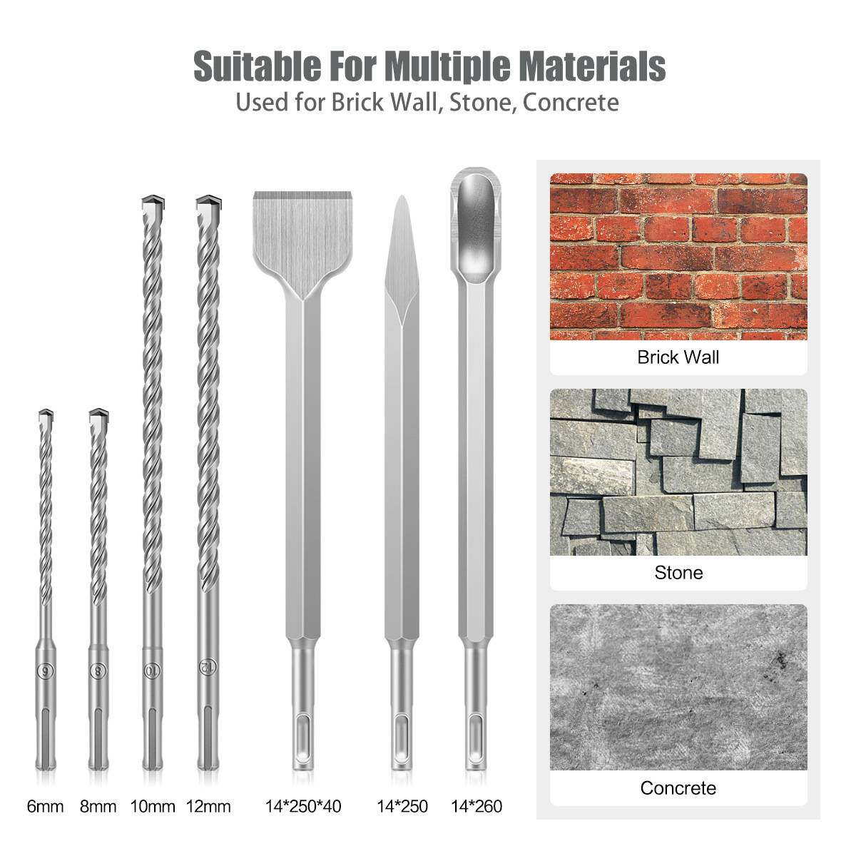 跨境热销17件套电锤钻头凿子套装 圆柄冲击钻头凿子墙壁混凝土