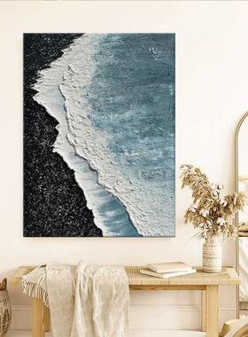 手绘抽油画蓝色海景象客厅装饰石体英CCH砂立肌理抽象画玄关入户