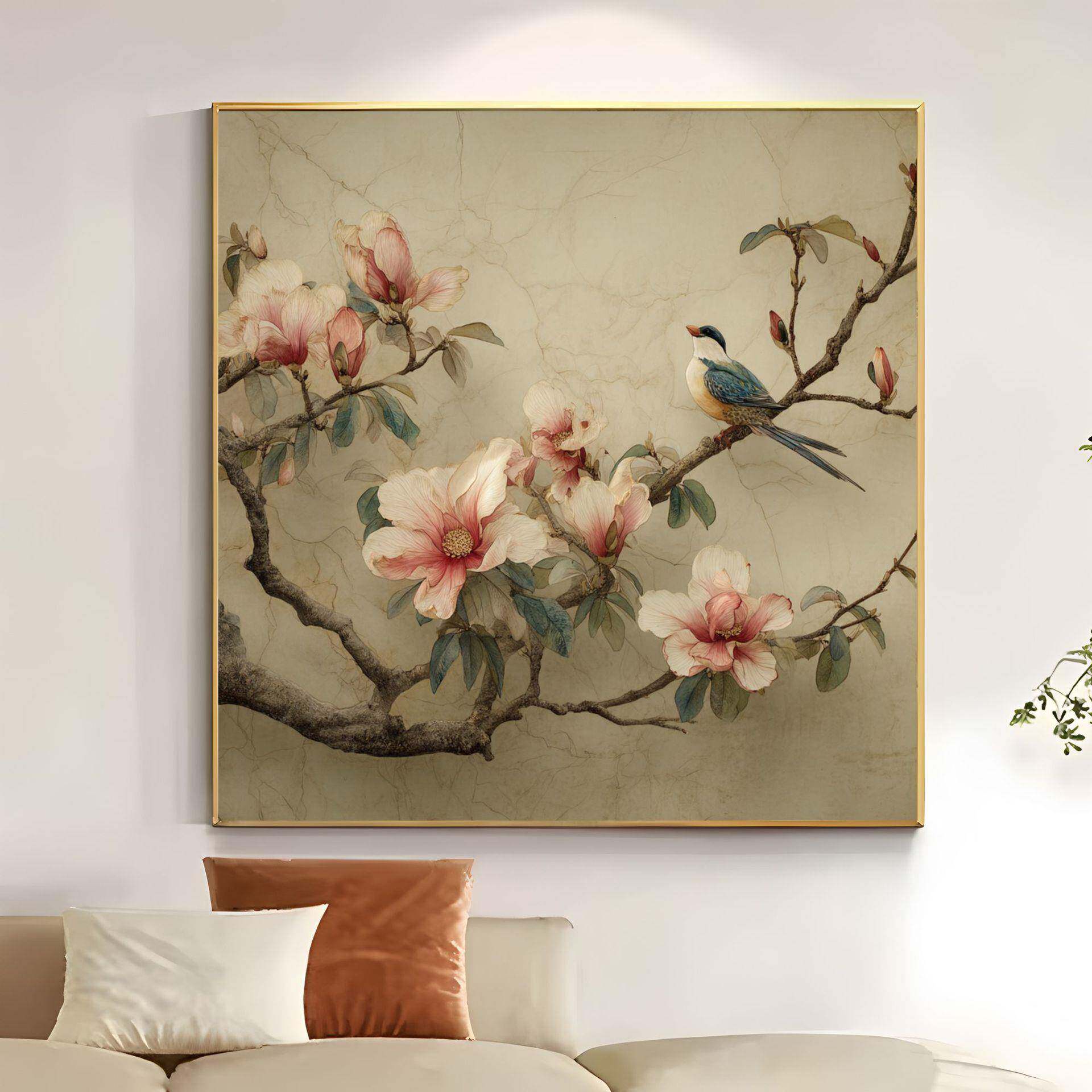 新式花鸟中丹花国风带牡画框家居装饰画DOO客厅玄关餐厅卧室布景