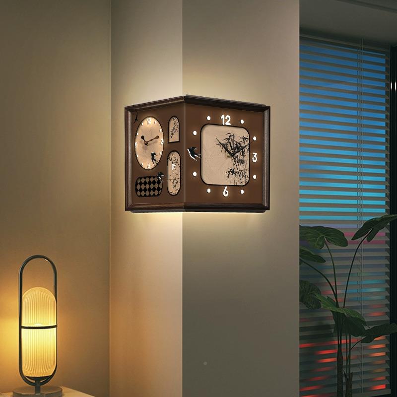 55打转N2025新中古风角款双面挂钟客厅复古ITB拐角时钟免孔阳角万