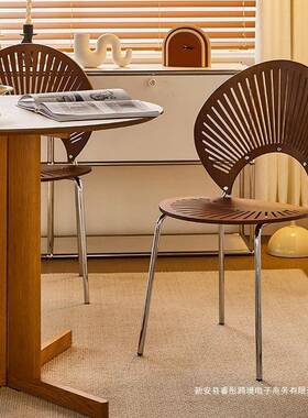 实木餐椅贝壳椅家用约靠YIB背桌餐桌椅子复中古简茶古轻奢感木