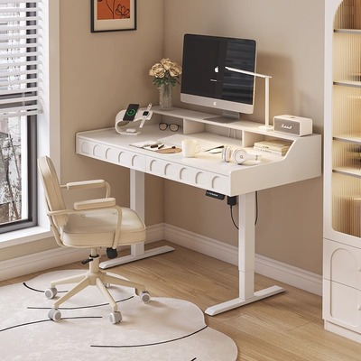 法式奶油风实木电动升降桌卧室家用书桌书架一体智能办公电脑桌子