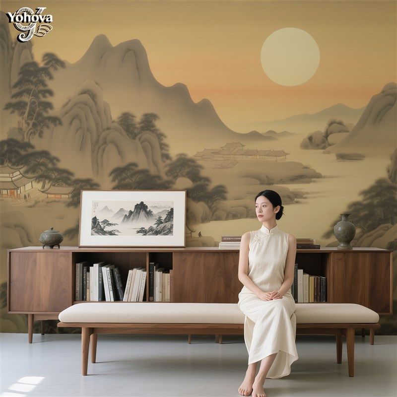 宋氏美学壁画中式风格壁布电视背景装饰墙纸山水风景墙布树船墙壁