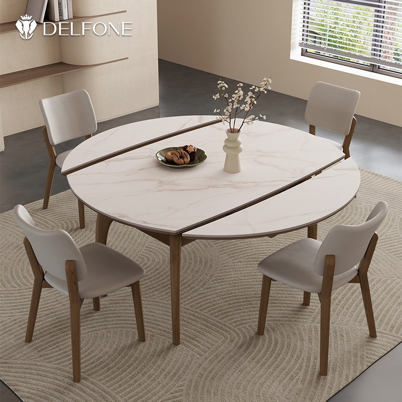 德利丰实木岩板伸缩餐桌可变圆桌家用小户型侘寂风方圆两用饭桌