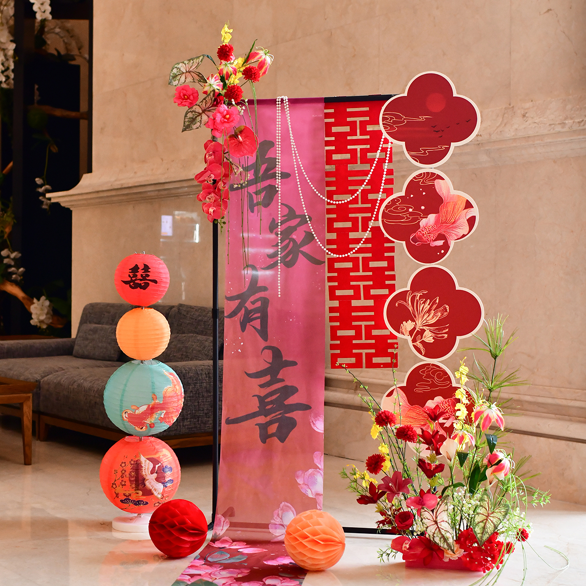 结婚酒店中式婚房装饰花排装男女方新房卧室订婚婚礼黑架KT