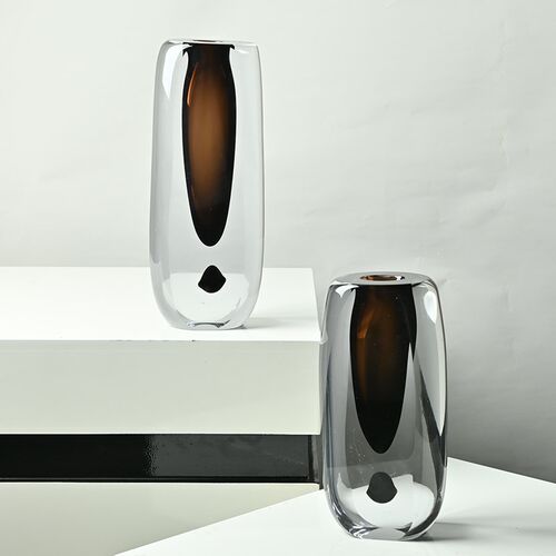 极简意式高档灰咖色琉璃透明花器客厅餐桌台面玻璃装饰插花瓶摆件
