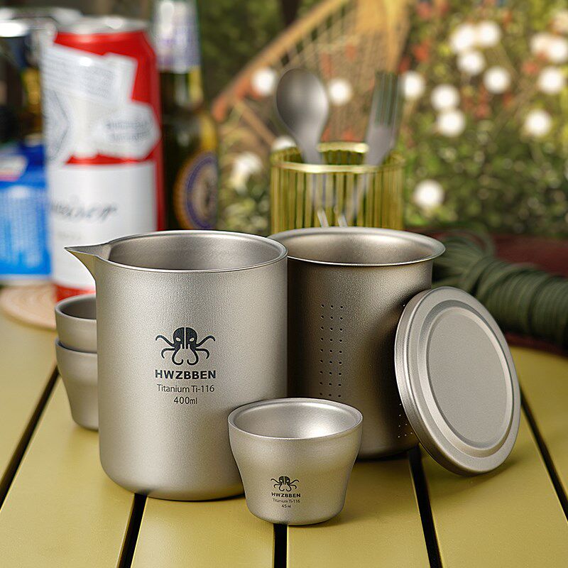 赫兹本纯钛旅行露营茶具套装鹰嘴泡茶器双层茶杯茶壶防烫便携茶杯