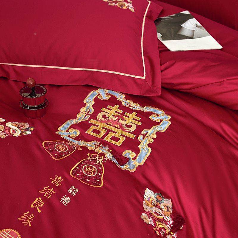 中式棉庆喜字刺绣1OQA00长绒四床件套新婚陪嫁红色床单被套上用婚
