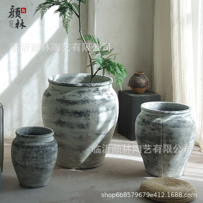 复古水泥花器高款大肚落地透气盆客厅酒店大堂绿植装饰盆结实耐用