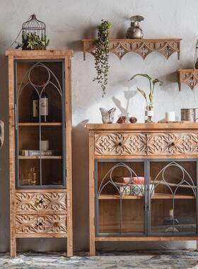 实木复古做旧杉斗柜民木宿卧室玄关ALQ原木餐边柜客厅玻璃色储物