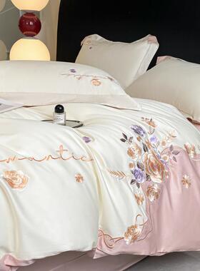 高档棉长绒棉纯花刺绣四taoyuan3件圆套绣角床单被套床上用品套件