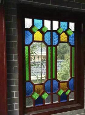 岭南复洲古窗中式满窗教堂压花璃屏风隔段隔断花实ALM玻木