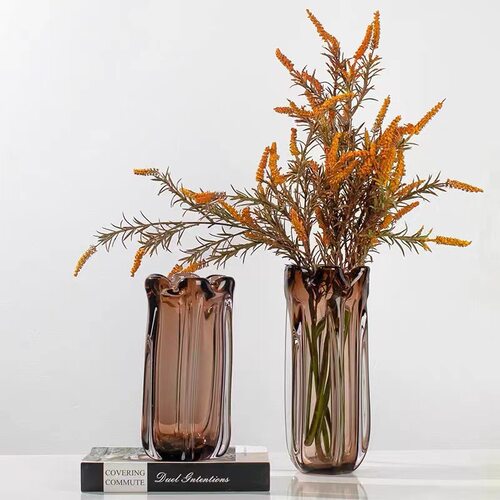 轻奢花瓣琥珀色琉璃花瓶摆件北欧高档简约客厅餐桌软装装饰花器