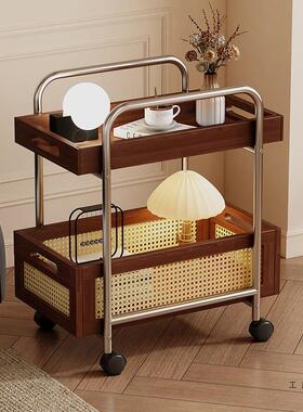 实木餐边几可移动不锈古钢收纳中小推车客厅物藤编81713储置物架