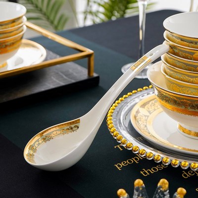 骨瓷大号汤勺家用盛汤大勺子长柄舀粥调羹酒店欧式浮雕金汤匙餐具