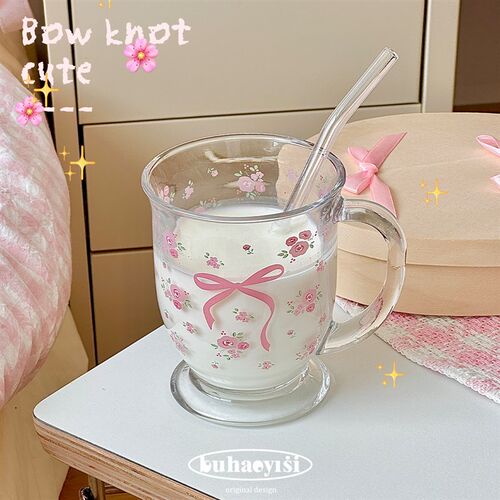 少女心蝴蝶结透明玻璃杯~送人可爱牛奶早餐饮料果汁咖啡杯碗套装