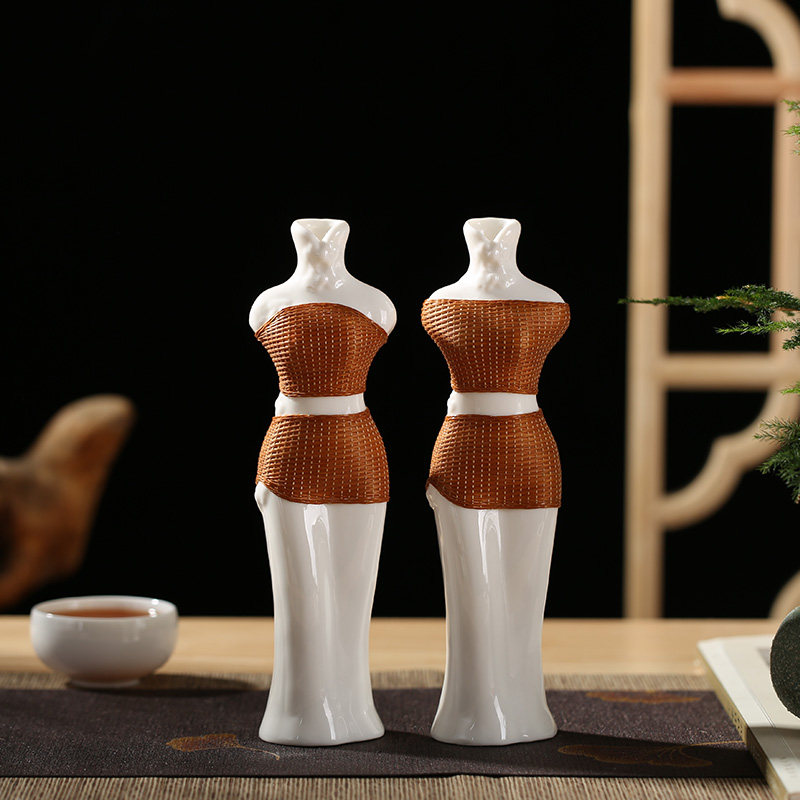 非遗手工瓷胎竹编茶室人形花瓶摆件 客厅 插花梅瓶茶桌花器送礼品