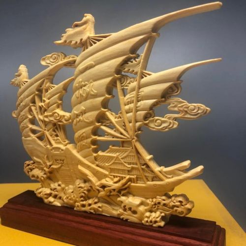 崖柏黄杨木雕一帆风顺实木摆件乘风破浪红木家居办公室装饰工艺品