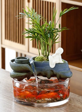 中式招财流水循环水陶瓷摆件水景迷你办公室桌面小型茶桌装饰礼品