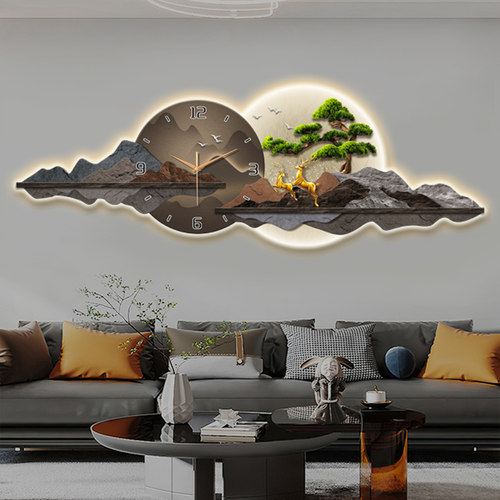 精梭客厅高档迎客松装饰画挂钟led灯画餐厅挂画家用经典挂墙时钟