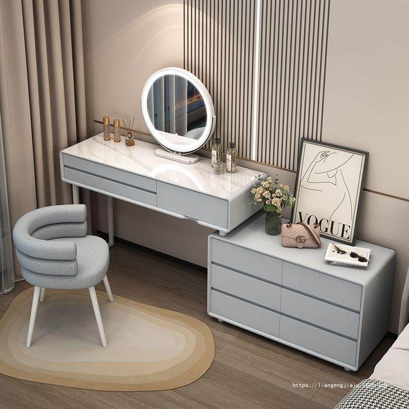 卧室梳妆台大户型实木岩板梳妆桌奶油风玻璃化妆台转角款伸缩斗柜