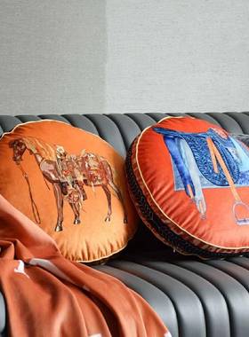 轻奢印花圆形装饰抱枕 橙色骏马双面可脱卸抱枕套圆靠垫含芯