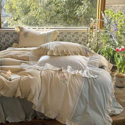 法式森女系复古刺绣公主风绿色小格子床裙荷叶边水洗棉四件套床品