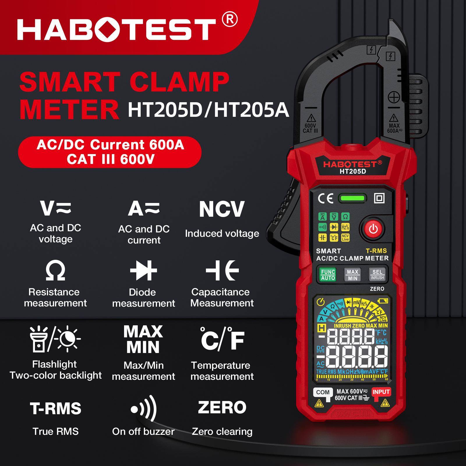 华博HT205D/HT205A彩屏数字钳型表电流表智能万用表英文HABOTEST