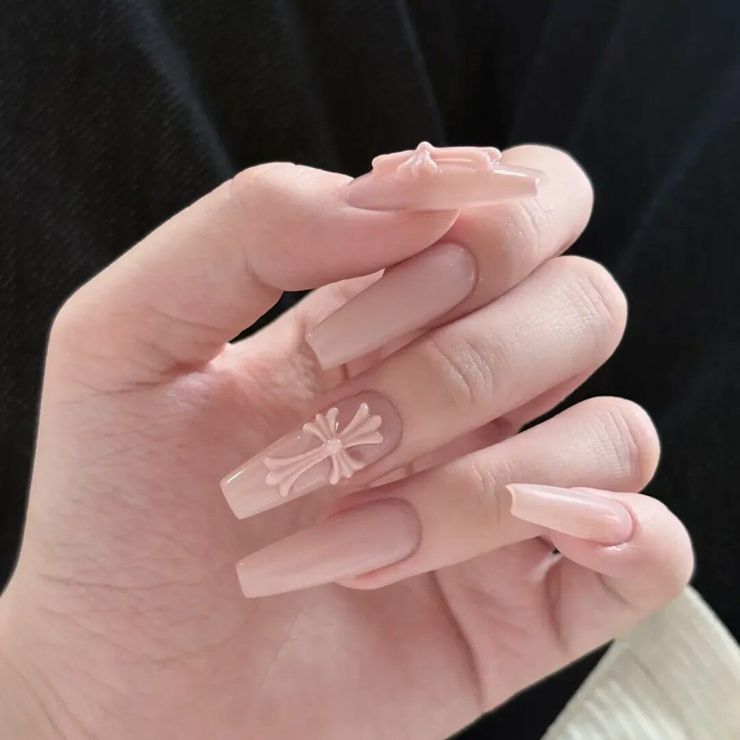 纯手工穿戴甲裸粉色绝美十字架美甲欧美辣妹高级感指甲贴片可拆