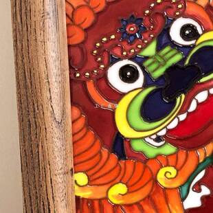 醒狮瓷板画玄关立体浮雕手绘陶瓷有框装饰挂画老榆木画框国风