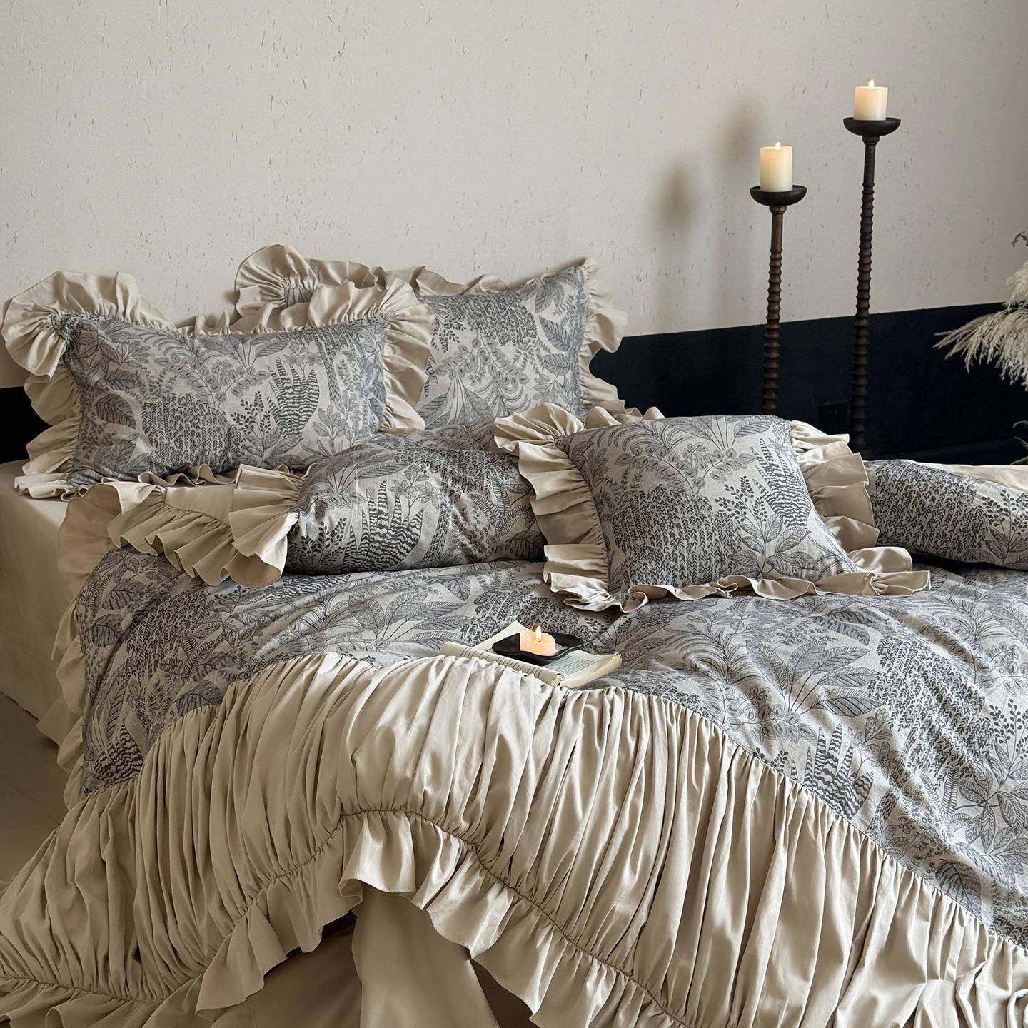 复古风棉麻四件套公主风褶皱花边花卉印花磨毛被套床单床笠款