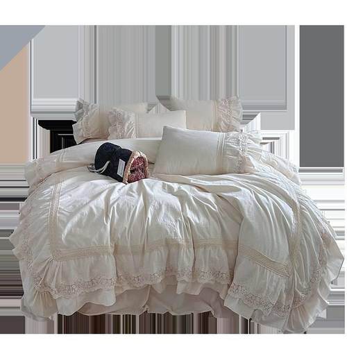 法式轻奢奶油风全棉四件套公主风纯棉蕾丝边被套床裙床单少女床品