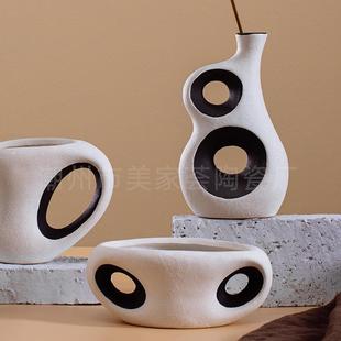 美家荟创意抽象陶瓷花瓶装饰插花黑白手绘民宿软装艺术陶瓷摆件