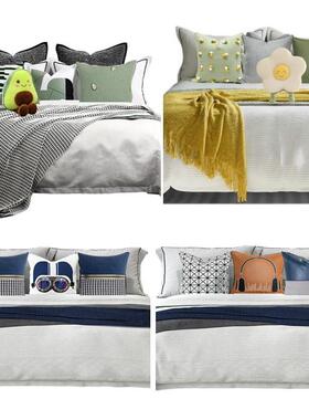 儿童房样板间十多件套蓝色黄色床品售楼处软装布艺摆场青少年床品