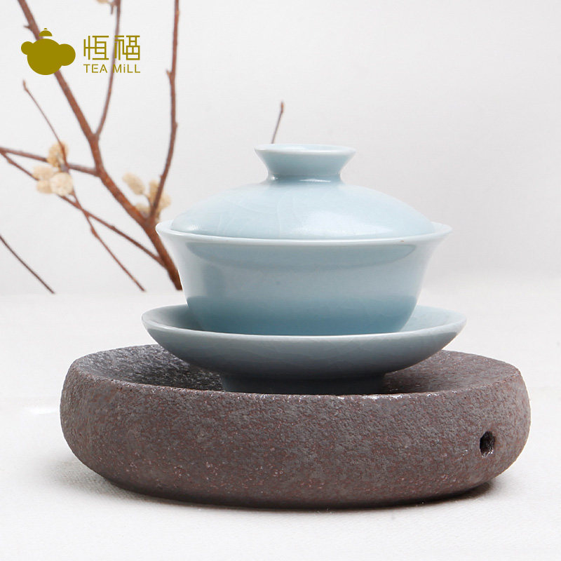 恒福功夫茶具三才杯套装冰裂手工防烫家用泡茶陶瓷青灰釉盖碗单个