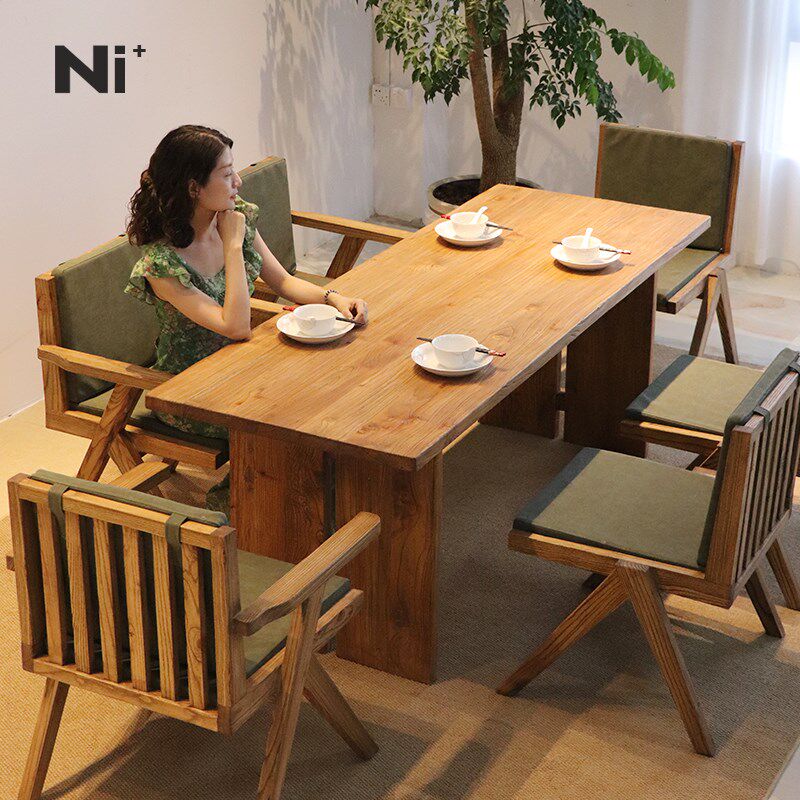 Ni尼家实木餐桌侘寂风老榆木原木办公桌复古风茶桌工作台餐厅桌子