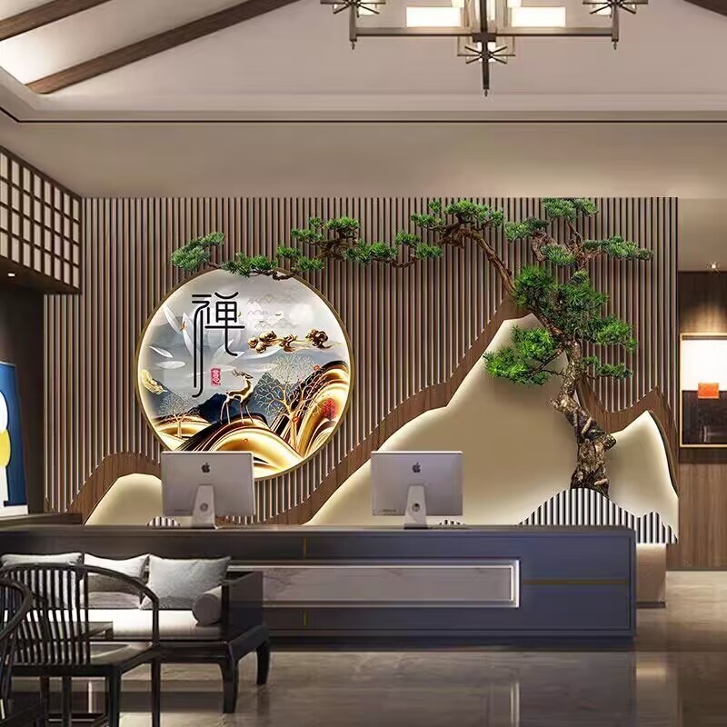 浮雕中式客厅电视背景壁纸意境山水书房壁画招财办公室茶室墙壁画