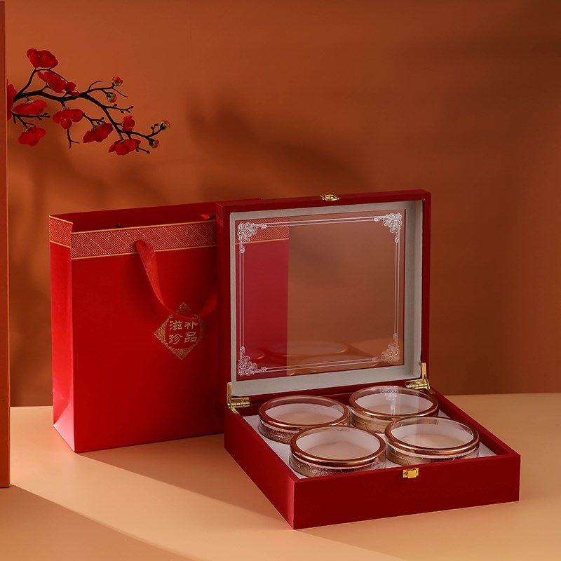 新款红色大好山河四宝四拼通用包装盒海参花旗参礼品盒零售整箱批