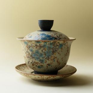 青花火石红三才盖碗陶瓷茶杯家用大号单个高档中式古风带盖泡茶碗