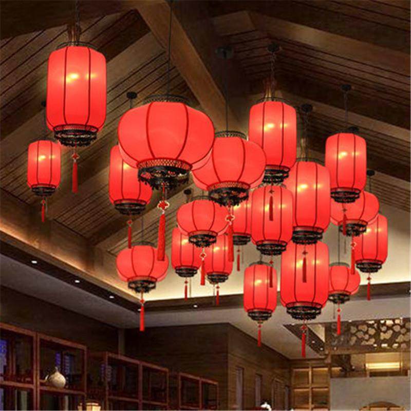 新中式红色布艺吊灯 仿古餐厅门厅宫灯现代中国风婚庆吊灯