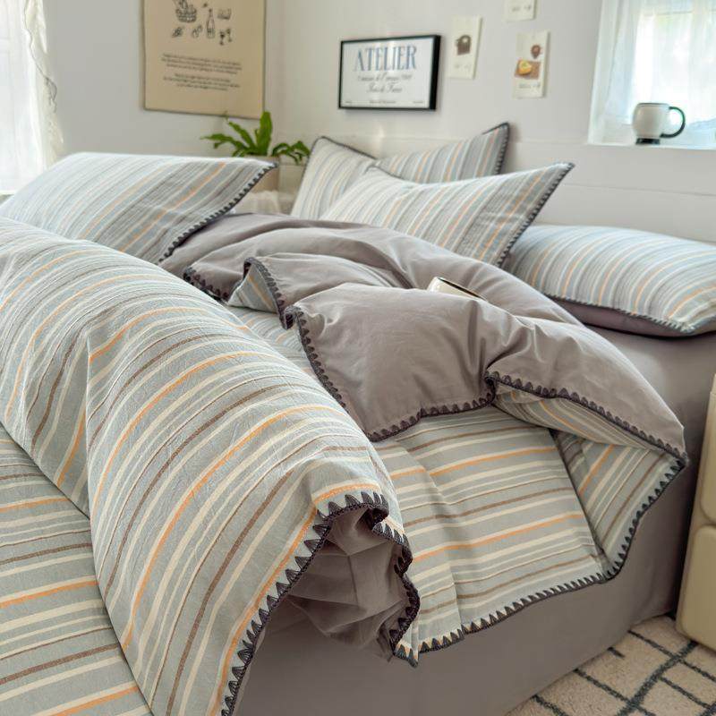 2025新款A类母婴级全棉色织水洗棉贝壳绣条纹简约纯棉四件套