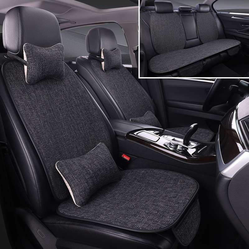 汽车坐垫四季通用亚麻连体布艺七件套五座全套通风