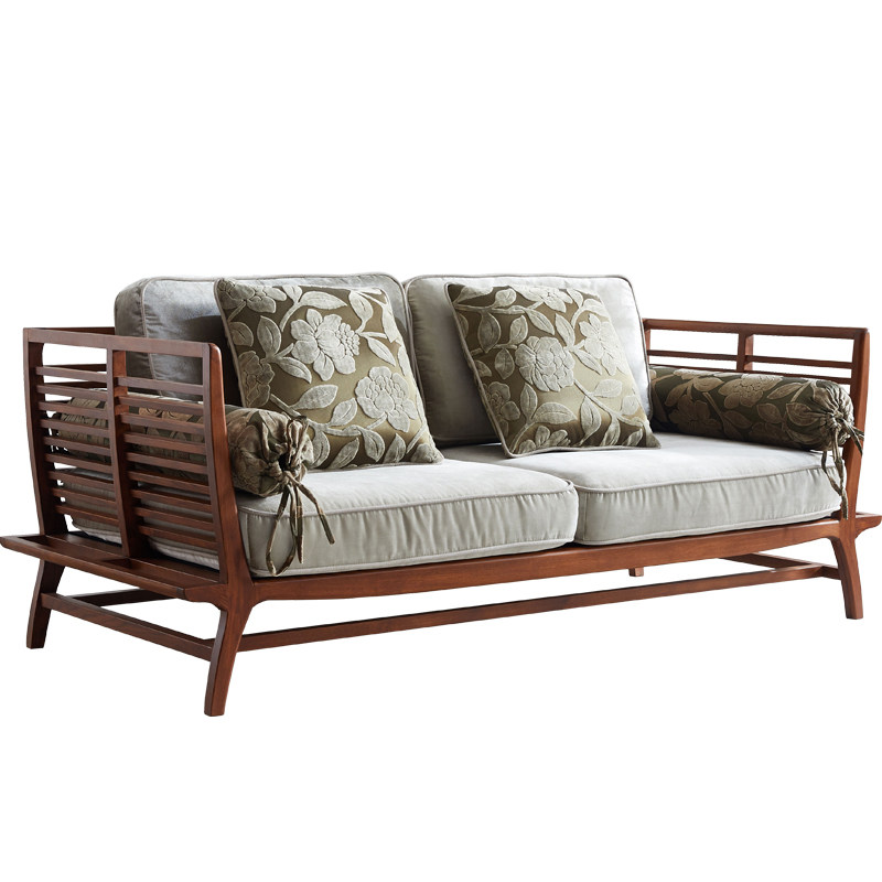 木夕东南亚新中式风格胡桃木沙发艺布家具小户型槟榔色组合大实木