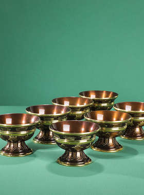 藏传民族高脚供水杯黄铜供奉供水八古杯圣水描金色家用前佛碗吉祥