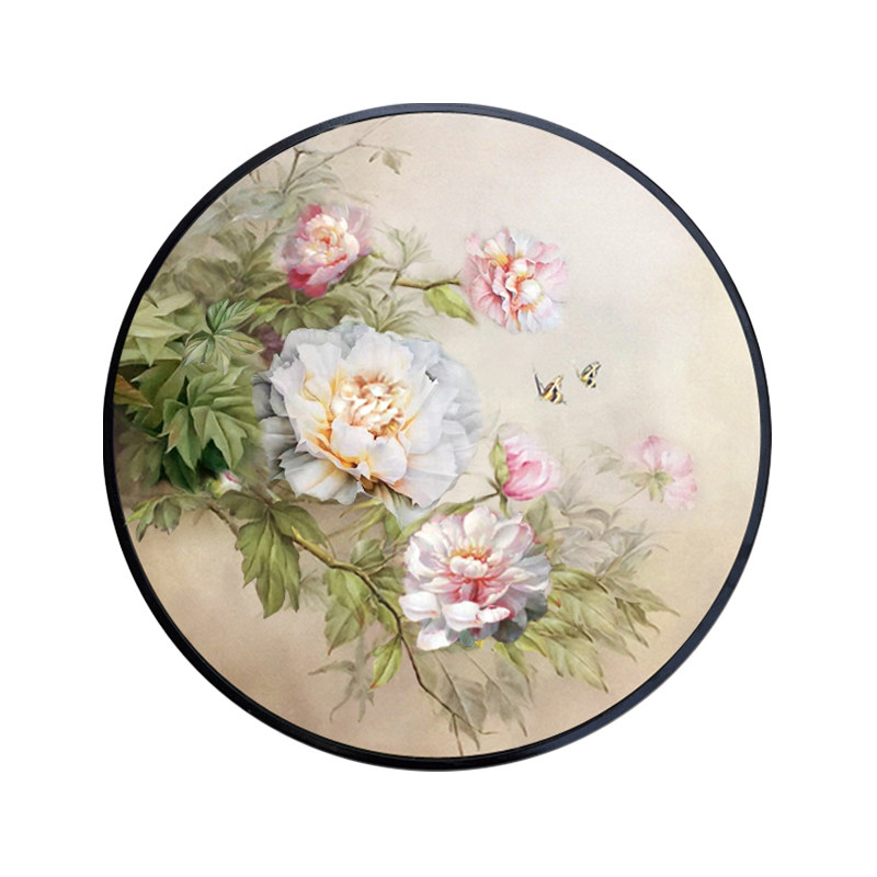 纯手绘油画新中式牡丹花简约玄关现代客厅装饰画餐厅挂画圆形花卉