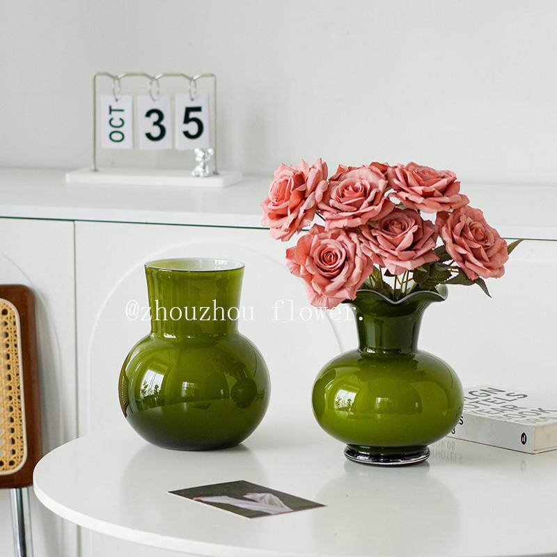 新中式中古琉璃花瓶复古玻璃橄榄绿色插花装饰品感摆件高级蝴蝶兰
